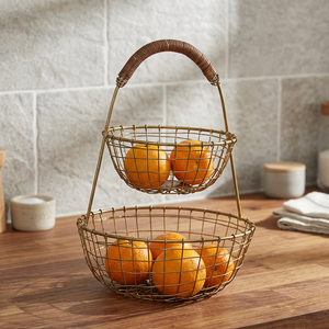 Panier de rangement métallique à double niveau, panier à fruits rustique en fil de fer pour cuisine, support rond en fer, support alimentaire durable - Product Image 6