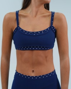 Breathable Double Layer Brown Spaghetti Crisscross Strap Sports Bra With Polka Dot Trim Medium Support Compression Activewear - Product Image 3