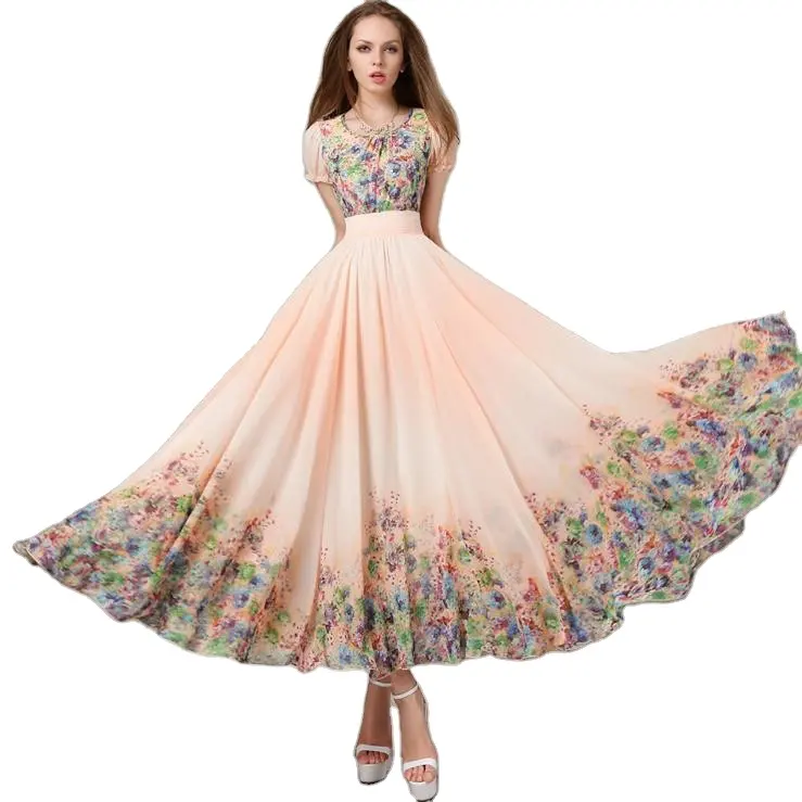 T-D595 de moda dama equipado y Flare Maxi Floral vestido de gasa