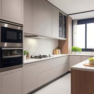 Gabinete de cocina de almacenamiento de pared de comedor armario de Pvc Modular de madera de nogal de lujo con encimera de granito - Product Image 1