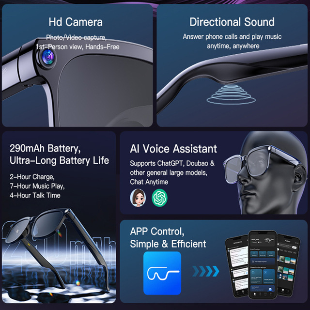 Cross-border New Smart Glasses 800W Camera IPX-4 Waterproof Video Simultaneous Translation for Call AI Assistant Touch