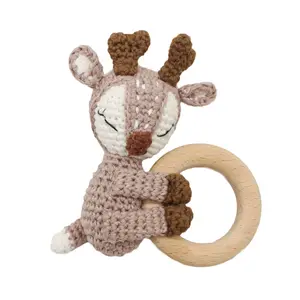 INS handmade crochet baby rattle with natural wood ring teether knitted wool stuffed animal toy
