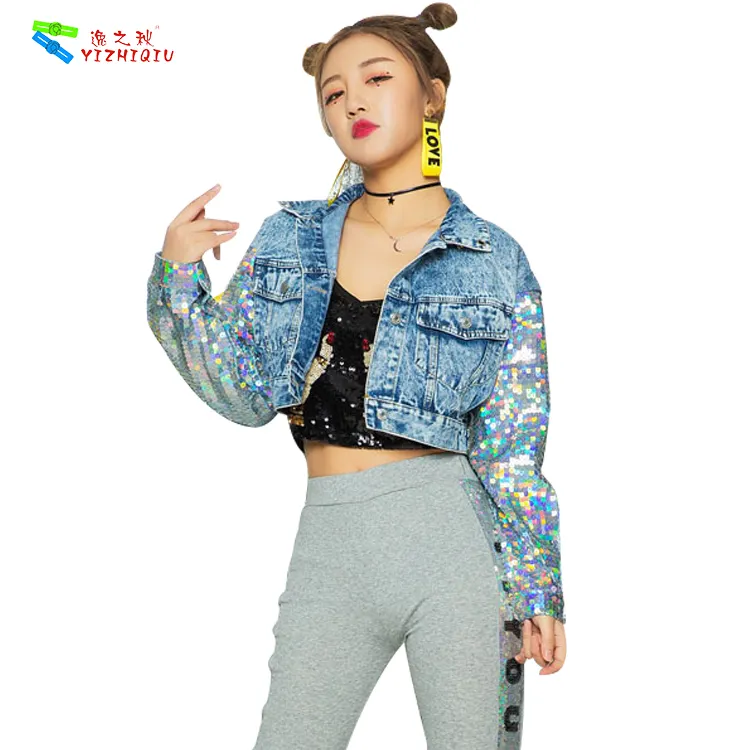 YIZHIQIU High Quality Denim Embroidered Sequins Ladies Jean Jacket