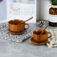 Ensemble de tasse, soucoupe et cuillère en bois vintage cylindrique fait à la main, personnalisé, écologique, durable, de qualité alimentaire, 200 ml, vente en gros
