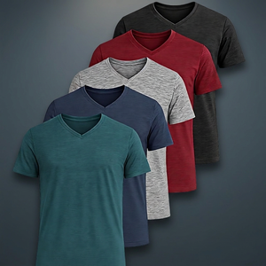 Lot de 2 T-shirts unis en jersey 100 % coton de qualité supérieure, col en V, pour hommes/femmes, style sportif, coupe athlétique, anti-rétrécissement, sous-vêtements - Product Image 3