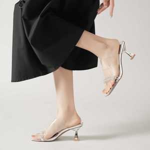 Sandales à talons carrés, bout transparent, strass, talon moyen, argentées, élégantes, chaussures de soirée - Product Image 1