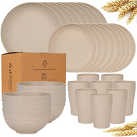 Aangepaste Logo Bulk 32-delige Roze Wheat Straw Serviesset Magnetron- en Vaatwasmachinebestendig Camping Borden Schalen Bekers