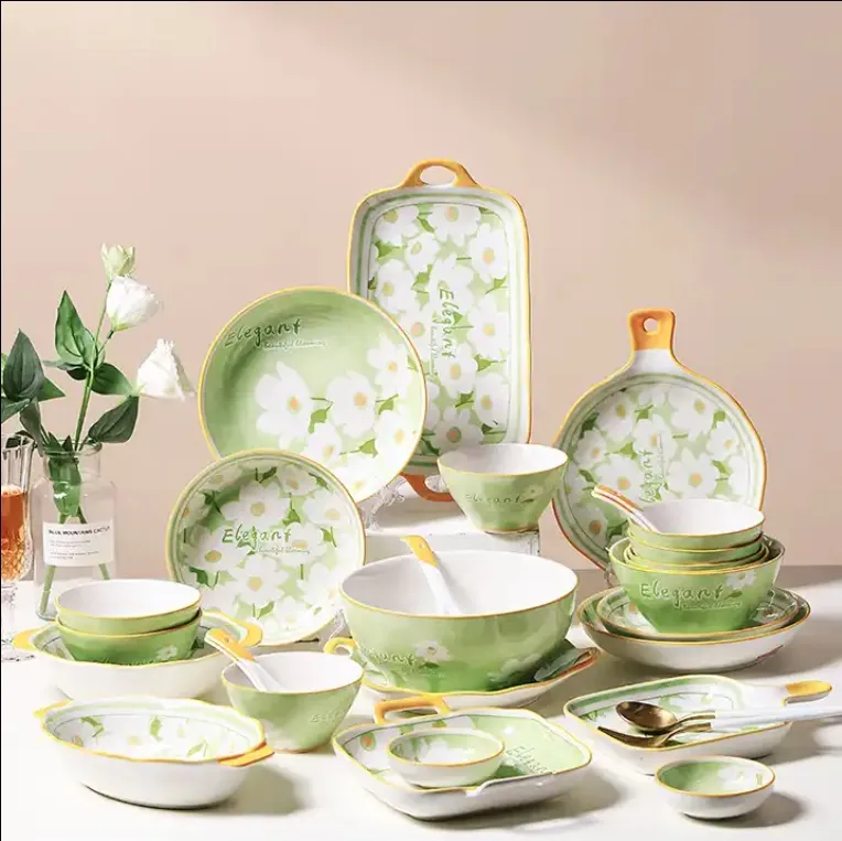 Зеленые цветы посуда для дома и кухни с печатью керамические тарелки и супница набор с подарочной коробкой для подарка
