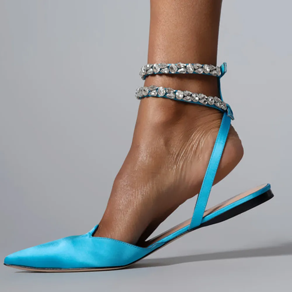 Elegant Fresh Satin Flats Pointed Toe Ankle Strap Rhinestone Decoration Slingback Flat Pumps Summer Women Shoes