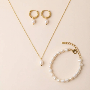Индивидуальный комплект ювелирных изделий из натурального пресноводного жемчуга: колье из 18-каратного золота, браслет, колье-подвеска, серьги-кольца из нержавеющей стали с жемчугом - Product Image 1