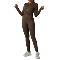 TongJoes Body de sport à fermeture éclair pour femme Combinaison croisée sans couture Yoga à manches longues une pièce moulante côtelé