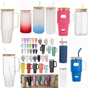 Gobelet en verre dépoli transparent de grande capacité (32oz, 40oz, 50oz) avec poignée et couvercle, pour sublimation, entrepôt USA Chine - Product Image 1
