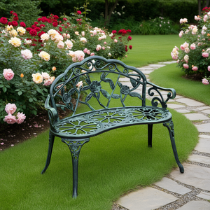 Banco de Aluminio Fundido para Exteriores, Diseño Floral de Rosas, Acabado Verde Antiguo, Muebles de Patio de 2 Plazas, Estilo Tradicional - Product Image 2