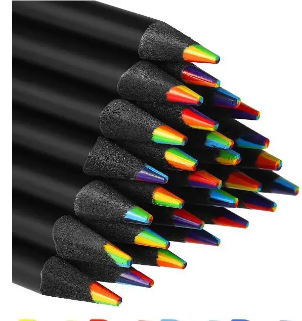 Wholesale Custom Logo Round Black Wood Pencil With Rainbow Color Lead core