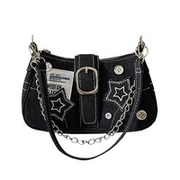 Sac à bandoulière vintage Y2K pour femme en similicuir et jean, avec bouton, fermeture éclair, motif étoile unique, et sangle chaîne en polyester