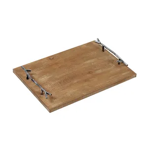 Factory Suppliers Nordic Wood Tray Creative Luxury Wholesale Rectangle Food Rustic Wooden Serving Tray With Metal Handles