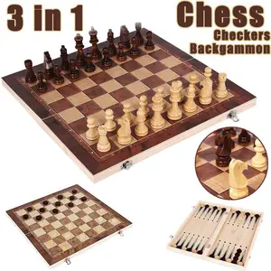 उच्च गुणवत्ता लकड़ी चौसर चेकर्स तीन में एक पोर्टेबल तह यात्रा समूह खेल 1 में 3 शतरंज बिसात खेल शतरंज सेट