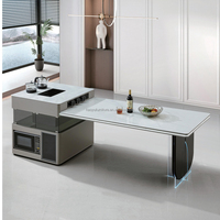 Moderne Kücheninsel aus Holzpaneelen mit Stauraum, klappbarem Design, Marmorplatte und Rollrädern für Esszimmer und Wohnbereich