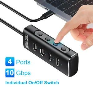 RSHTECH 4 USB 3.1 포트 10Gbps 데이터 전송 확장 DC 5V 전원 어댑터 개별 스위치 허브 USB 3.0 4 포트