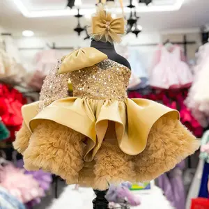 Vestido de baile infantil de um ombro grande com laço, vestido de noiva princesa de tule com lantejoulas, vestido formal para meninas, novidade de 2024