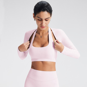 Haut de sport pour femmes, nouveau style, logo personnalisé, léger, manches longues, boléro, vêtements de yoga, <span class=keywords><strong>noir</strong></span>, rouge, violet, manches longues - Product Image 3