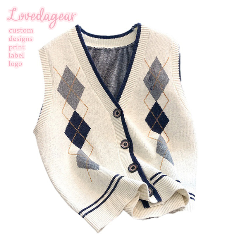Knitted Crop Argyle Button Up V Neck Crop Cardigan Shop High