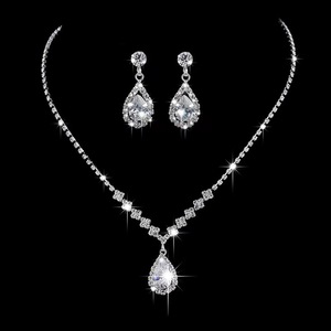 Shiny Crystal Bride Necklace Earrings Set Sparkle Cubic Zirconia Water Drop Shape Pendant Jewelry Sets For women Wedding