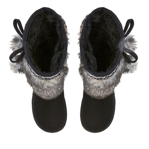 Women Slip On Mid Calf Snow Boots Faux Fur Pom Pom Lace <b>Bow</b> Trim Plush Warm Lining Black Daily Outdoor Ladies Winter Footwear - Product Image 5