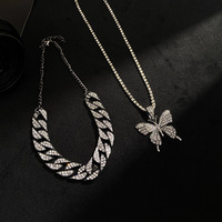 Collier Double couche Cuba plein de diamants grand collier papillon personnalisé chaîne de cavalier exagérée pour femme