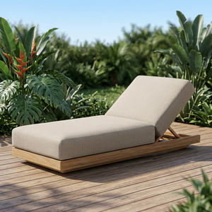 Chaise longue d'extérieur en teck rembourrée, lit de repos en bois pour patio, jardin, villa, bord de piscine - Product Image 3