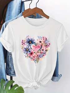 T-shirt da donna a maniche corte con stampa floreale a cuore, girocollo, vestibilità casual ampia, 100% cotone, primavera estate, lavabile in lavatrice - Product Image 1