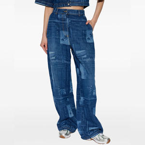 Nuovo arrivo da donna a vita alta con stampa integrale <span class=keywords><strong>di</strong></span> giornale Jeans a gamba larga retrò Casual pantaloni in Denim larghi e alla moda - Product Image 2