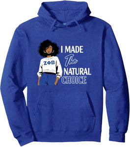 Sudadera con capucha para mujer Zeta Phi Beta, con estampado 'I Made The Natural Choice', azul, de corte regular, de algodón, con logo frontal tejido. - Product Image 1