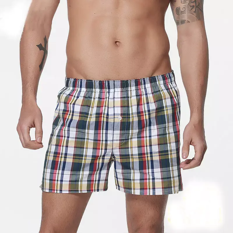 Cómodo suelto ropa de casa Shorts de tejido 100% algodón comprobado Color liso Hombre Ropa interior Boxer con botón volar 3 piezas paquetes