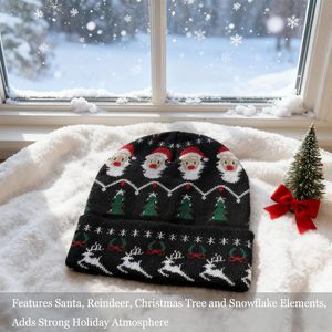 Chapeau en tricot à pompon personnalisé avec logo imprimé, motif de Noël pour enfants, renne, flocon de neige, bonnet chaud pour enfants, fête, 100% polyester - Product Image 2