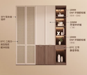 Armoire en bois massif de style <span class=keywords><strong>mi</strong></span>-siècle pour la chambre à coucher à domicile, petit appartement avec portes en rotin tressé, grand placard combiné - Product Image 6