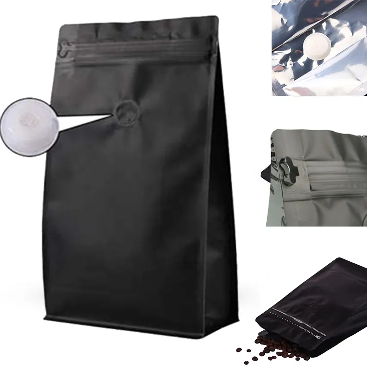 Sac de café personnalisé à fond plat 12oz, refermable, écologique, à Valve unique, imprimé, vente en gros,