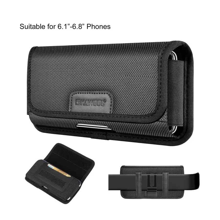 Nhà Sản Xuất Bán Haweel 6.1-6.8 Inch Nylon Vải Điện Thoại Belt Clip Ngang Mang Pouch Với Khe Cắm Thẻ Nhớ (Màu Đen)