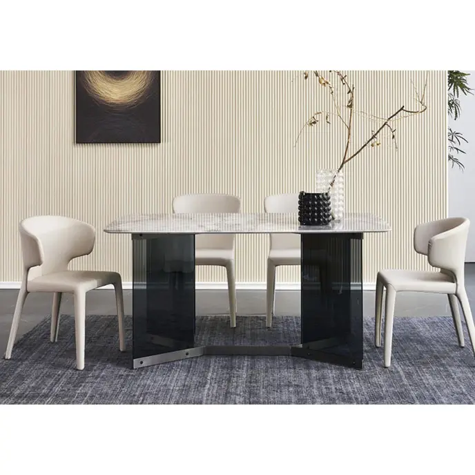 Novo modelo preto temperado vidro base ardósia sinterizado pedra top dinning conjunto com 6 cadeiras mesa de jantar