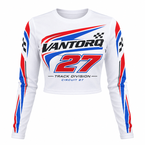 Women’s <b>Long</b> <b>Sleeve</b> <b>Cropped</b> Motorsport <b>Top</b> Round Neck Skinny Fit Stretch Fabric Custom Sublimation Racing Graphic Shirt - Product Image 3
