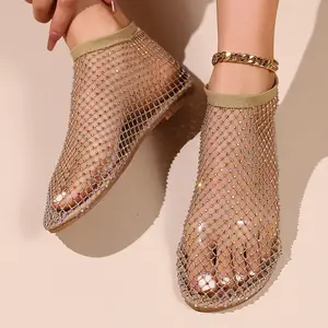 2024 novo estilo redondo dedo do pé peixe malha sandália plana sexy sandálias femininas ocas