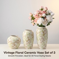 Ensemble de 3 vases en céramique peints à la main de style campagnard français, décor floral pour table à manger, entrée, centre de table de salon
