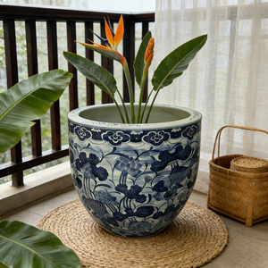Blue-White Hand-Painted Planter <strong>Pot</strong> Lotus &amp; <strong>Fish</strong> Motifs Antique Decor Flower <strong>Pot</strong> - Product Image 1