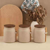Ensemble de 3 pots de conservation hermétiques en céramique cannelée, avec couvercle en bois, joint en silicone, clip latéral et cuillère en bambou