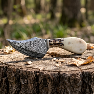 Cuchillo de Camping de Hoja Fija para Desollar, Hecho a Mano, de Acero Damasco de Grado Industrial, Personalizado |   Funda de Cuero con Mango de Cuerno de Acero al Carbono 1095 - Product Image 1