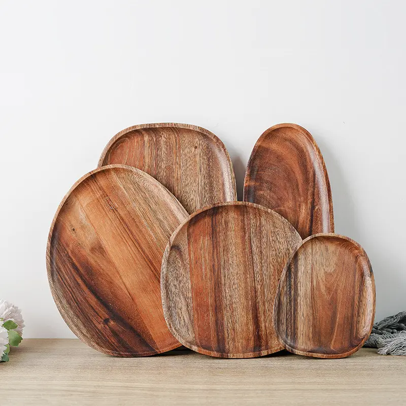 Customize Acacia Wooden Octagon Square Trays Serving Bread Plates for Fruit