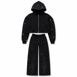 Custom unisex Black Rhinestone Cropped Zip Up Hoodie Wide Leg Tracksuit Set <b>Sparkle</b> Fleece <b>Jacket</b> Wide Leg Pants Outfit - Product Image 1