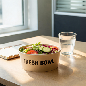 Conteneur alimentaire jetable écologique personnalisé avec logo, en papier kraft rond, pour collations, soupes et salades, avec couvercles. - Product Image 2
