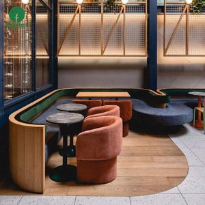 مقاعد خشبية عصرية نصف دائرية من مونتري للمطاعم، أثاث بمقاعد عالية على شكل حرف U مع طاولة للمقاهي والفنادق - Product Image 3