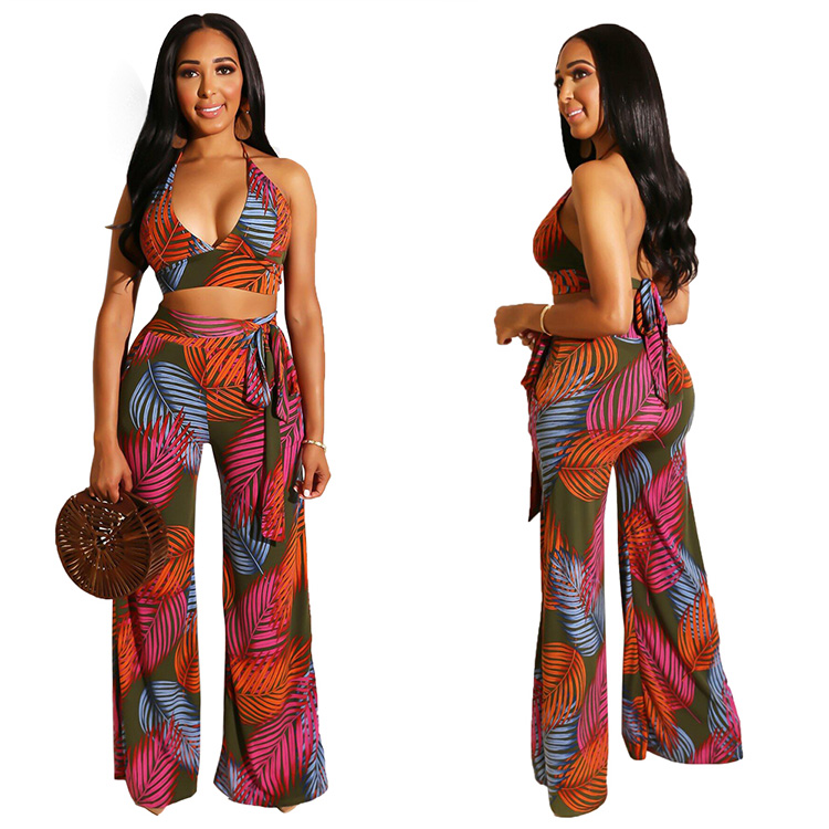 Женская одежда, модный топ с принтом и широкие брюки, комплект из двух предметов